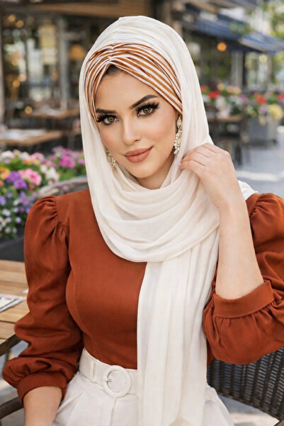 Aişe tesettür Off-White Tan Striped Ready-Made Shawl