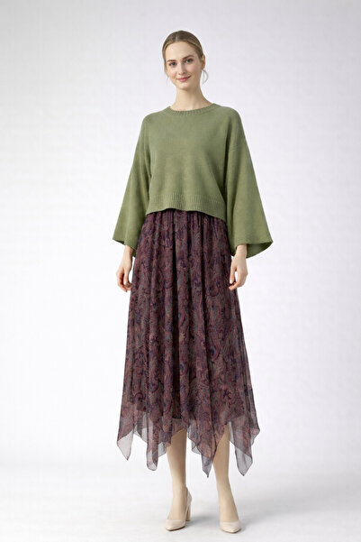 moda biz Women's Asymmetrical Cut, Elastic Waist, Lined, Patterned Chiffon Ma...