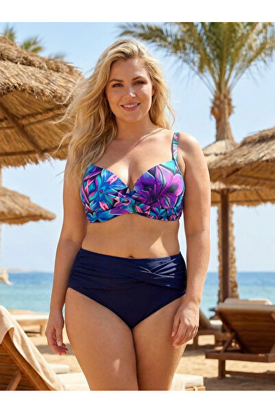 hazelin Women's Navy Blue Fuchsia Floral Patterned Lined Plus Size Bikini Set...