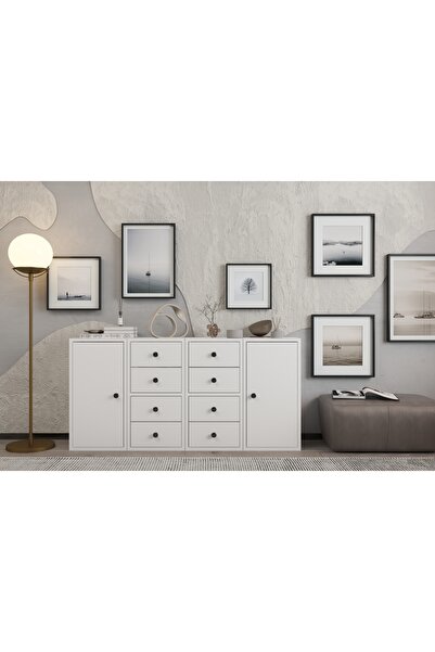 Nettrends Iki Kapaklı Sekiz Çekmeceli Raflı Beyaz Konsol Çıtasız Kns-1173-ç