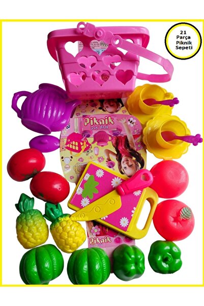 OYUNCAKSAHİLİ Piknik Sepeti Ve Kesilen Meyve Mutfak Seti 21 Parça Evcilik Oyu...