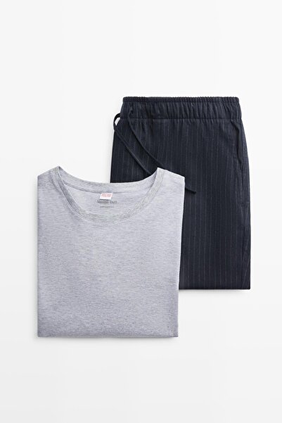 Massimo Dutti Uzun kollu %100 pamuklu çizgili pijama üstü