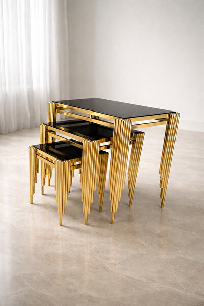 çelsan Kare Sütun 3’lü Zigon Sehpa – Siyah Camlı Kademeli Metal Ayaklı Lüks T...