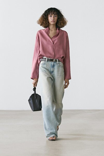 Massimo Dutti Kruvaze dökümlü keten bluz