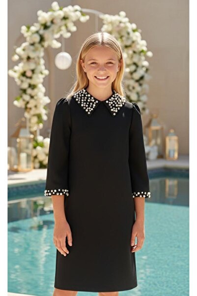 Hilal Akıncı Kids Fakir Girl's Dress with Stone Decor on the Collar and Sleeves