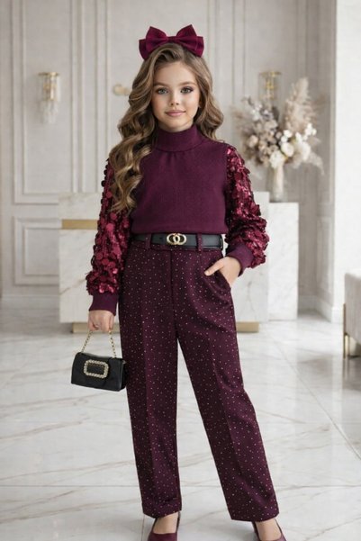 UZUN BUTİK Kids Girls' Festive Pulpayet-Detail Pants with Feathers and Stones, Belt and Bag