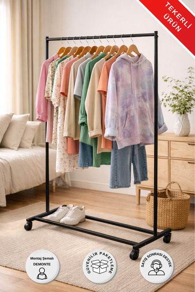 Metaliz SİYAH Pratik Tekerlekli Konfeksiyon Askısı - Kıyafet Standı ve Organizer