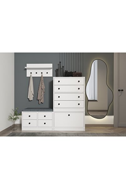Nettrends Puflu Raflı Askılıklı Çekmeceli Beyaz Vestiyer Çıtasız 130 Cm Vst-1...