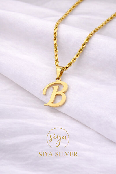 Siya Silver 316L Kararmaz Çelik Gold Renk Uzun Burgu Zincirli Harfli Kadın Kolye