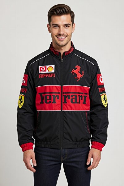 memetti m şekil Ferrari Unisex Paraşüt Kumaş Oversize Dijital Baskılı Siyah Rüzgarlık Yağmurluk İnce Ceket
