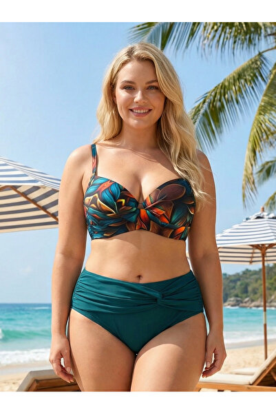 hazelin Women's Petrol Green Floral Patterned Lined Plus Size Bikini Set Hzl2...