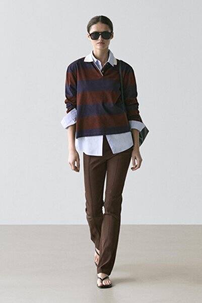 Massimo Dutti Uzun kollu çizgili pamuklu polo yaka t-shirt