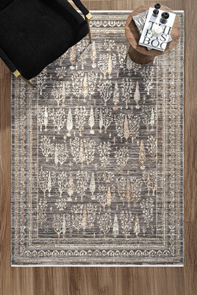 Eliz Home Eskitme Vintage Çiçekli Ağaçlı Halı Bambu Polyester Oturma Odası Sa...