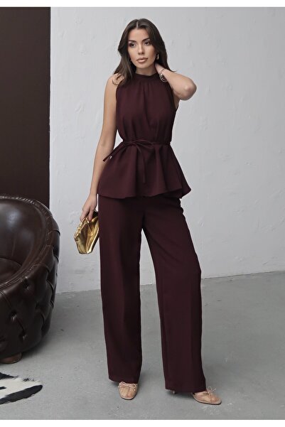 MAXXANA طقم مكون من بلوزة وبنطلون بياقة حكم مع حزام