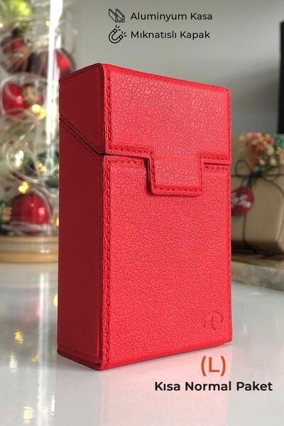 CIGBOXTR Deri Sigara Kutusu - (L) Kısa Normal Paket - Aluminyum Kasa - Mıknat...