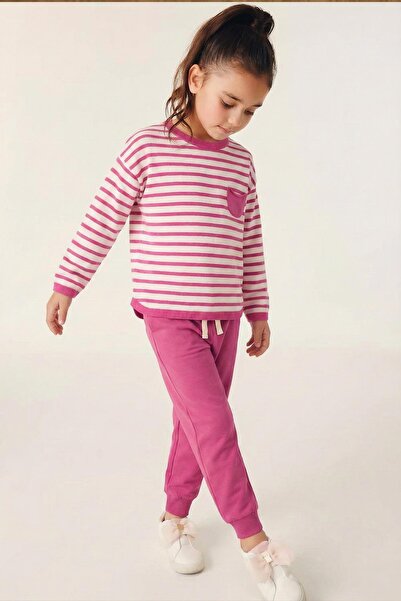 Cigit Striped Sweatshirt Set 1-7 Years Old Fuchsia