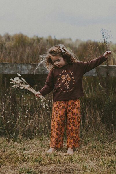 Cigit Long Sleeve Patterned High Waist Trouser Suit 2-8 Years Old Brown