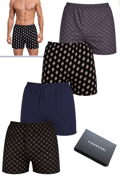 Vien&Karl Erkek 4'lü Pamuk  Desenli Havlu Bel Boxer Şort Kutuda