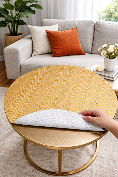 Rona Home Dowry Gold Round Coffee Table Cover – Parallel Stripes, Lace, Pvc