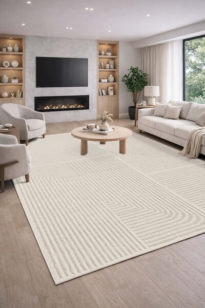 VOPTEKS Bej Halı Salon Halısı Makinede Yıkanabilir Halı Kaymaz Taban Halı