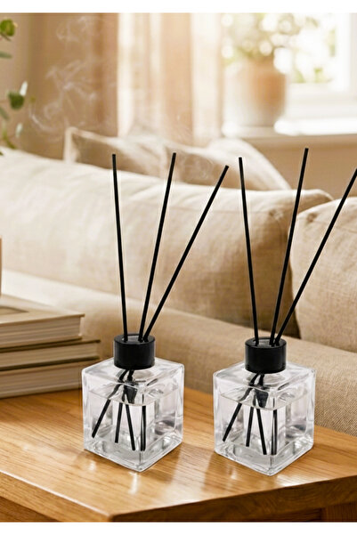 junibeliw 2Li Kare Cam Şişe Siyah Kapaklı Fiber Çubuk BOŞ Banyo Oda Kokusu Şi...