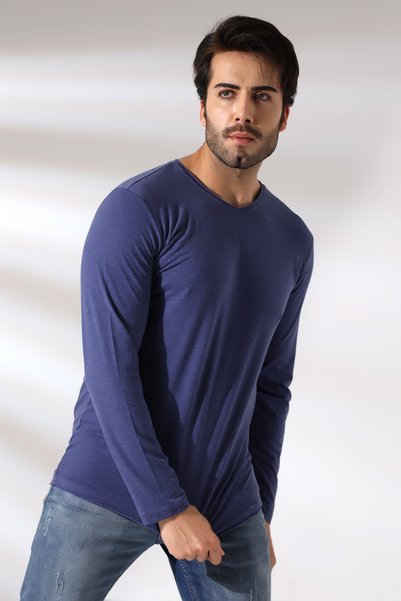 RUN RUN Compact Combed Cotton Lycra Regular Fit Long Sleeve Dirty V-Neck T-Shirt 19698 Indigo Melange