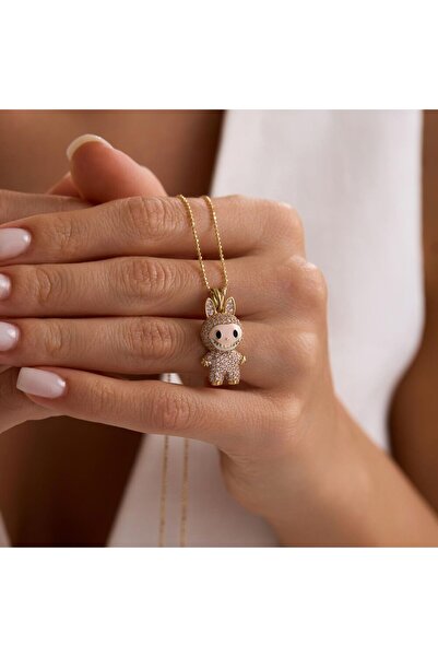 Sembol Gold Labubu Kolye 14 Ayar Toz Pembe 2,5-1,5 cm