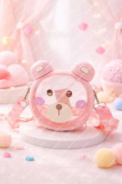 M&B WATER BOTTLE Sevimli Ayıcıklı Matara, Çift Kapaklı, Pipetli Çocuk Suluk O...