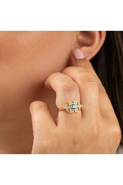 Sembol Gold Renkli Taşlı Altın Baget Yüzük Parçalı