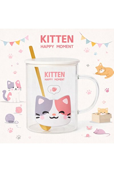 Two Two كوب زجاجي مطبوع عليه نص KITTEN - مع غطاء سيراميك - كوب مع ملعقة على ش...