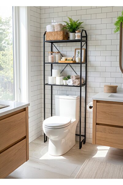 Uyan Ev Ürünleri UYAN EV ÜRÜNLERİ Klozet Üstü Raf Metal Siyah 3 Raflı Dekorat...