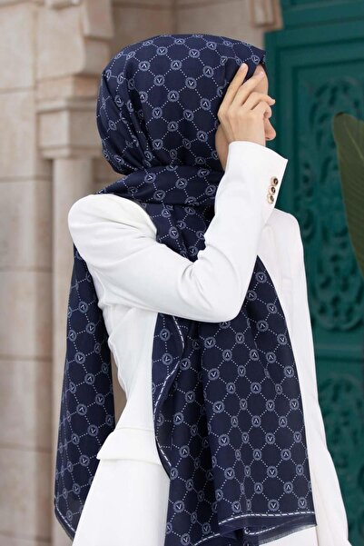 Vissona Șal de 90x210 cu model de logo V din mătase 100% în culoare bleumarin