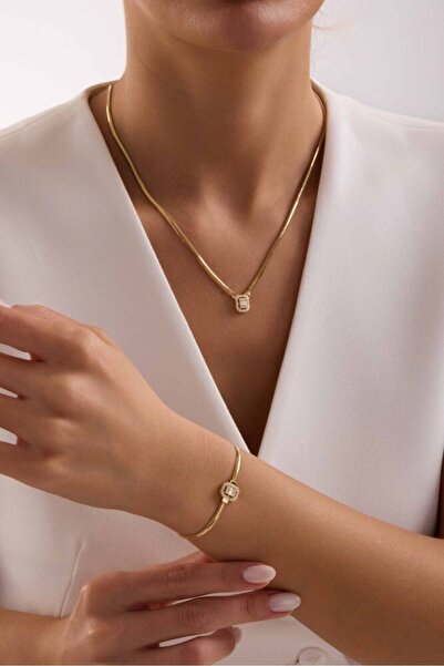 Sembol Gold Altın Balık Sırtı Parçalı Baget Set Kolye, Bileklik