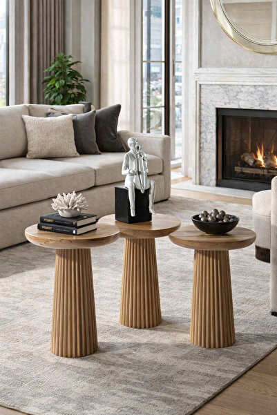Simillo Home&Living Wood Wooden 3’lü Set Fitilli Mantar Yan Sehpa Modern Tütü...