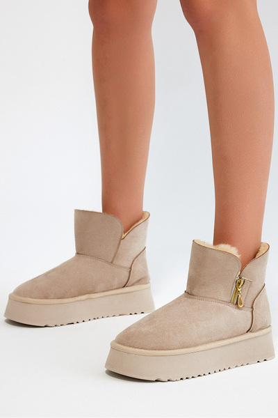 Tonny Black Dámské béžové semišové pohodlné boty na zip z kožešinového semiše