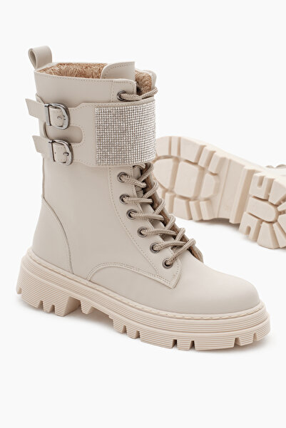 Tonny Black Dámské béžové kožené boty s termo podrážkou, dvojitou přezkou na ...