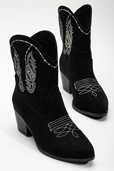 Tonny Black حذاء رعاة البقر الغربي المطرز بنعل حراري من جلد الغزال الأسود للس...