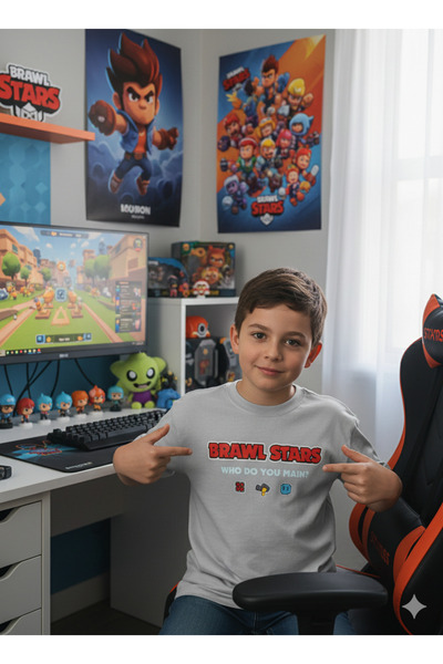 ALYAKİDS Boy's Brawls Star Character Patterned 100% Cotton Oversize Gray T-Shirt