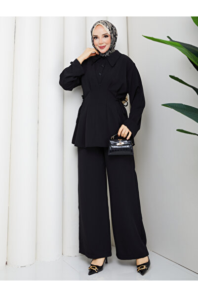 Mash Moda Women's Black Tie-Dye Detailed Hijab Set – Long Sleeve Blouse & Wid...