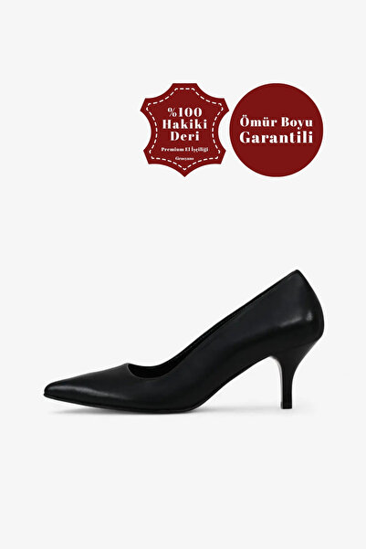 Grasyano Hakiki Deri Stiletto Siyah Sivri Burun Yumuşak Deriden Sade Konforlu...