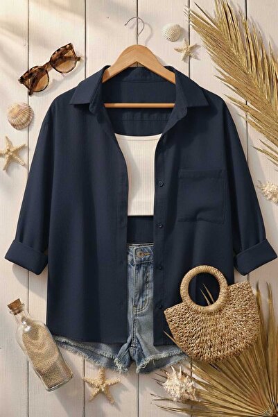 Modabenna Lacivert Oversize Cepli Pamuk Keten Gömlek Salaş Düşük Omuz Kadın
