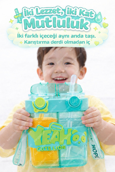 M&B WATER BOTTLE Yeah Çift Bölmeli Suluk - Renkli Boyun Askılı Çift Içimli Okul Çocuk Suluğu Bpa Içermez