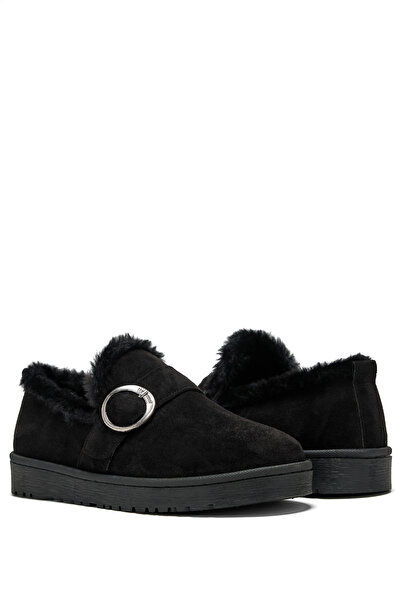 Tonny Black Kadın Siyah Süet Rahat Kalıp İçi Kürklü Tokalı Kısa Bot