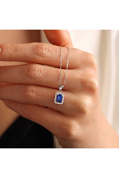 Sembol Gold Beyaz Altın Baget Kolye Aquablue Stone