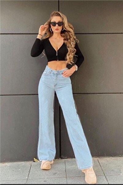 DRC trend Μπλε Power Lycra Υπερύψηλη Μέση Φαρδιά Τζιν Palazzo Παντελόνι