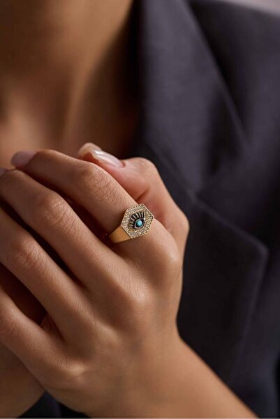 Sembol Gold Eye Ring Firuzeli Şövalye