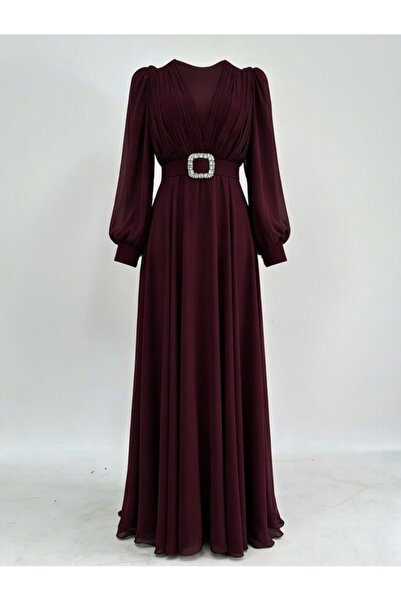 Suedcollection Kemeri taş detaylı şifon abiye