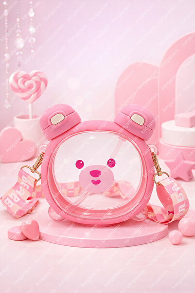 M&B WATER BOTTLE Sevimli Ayıcıklı Pembe Matara Çift Kapaklı, Pipetli Çocuk Ok...