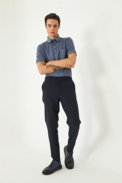 White Stone Navy Blue Classic Cut Fabric Trousers Slim Fit