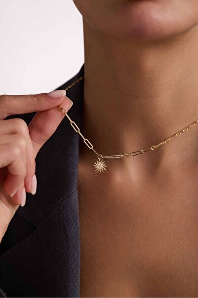 Sembol Gold 14 Ayar Altın Güneş Kolye İtaly Aynalı ve Ataç Zİncirli